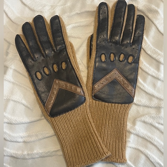 Vintage Women’s Brown and Tan Leather Knit  Riding Gloves - Picture 1 of 6